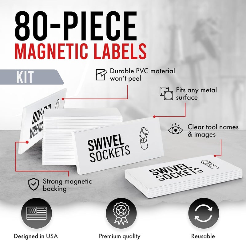 Itera Toolbox Organization Magnetic Labels-80 Large Tool Chest Organizer Labels-Strong Magnets-Fits All Brands of Steel Tool Box Drawers(White 3.125x1.0 in) - Image 4
